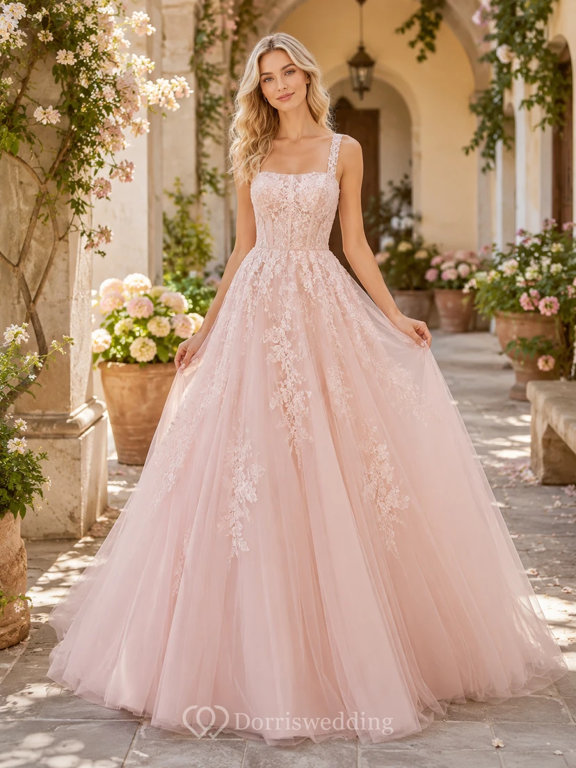 Brautkleid im Courtyard-Stil, A-Linie, aus Spitze und Tüll, mit Spaghettiträgern in Rosa