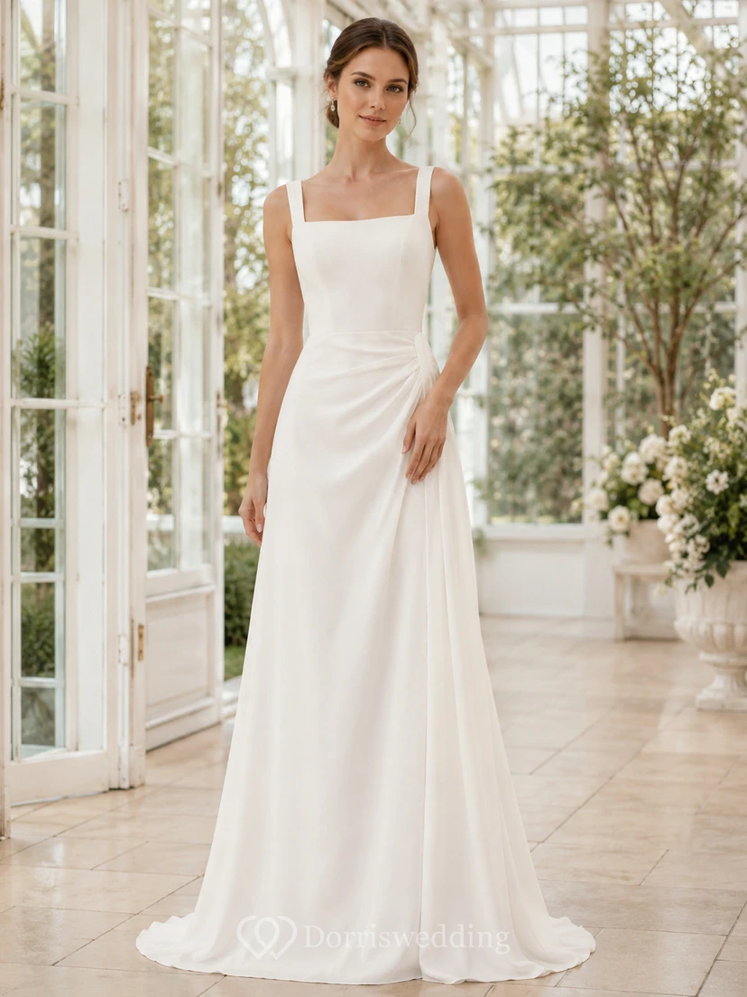 Brautkleid aus Satin, A-Linie, eckiger Ausschnitt, ärmellos, Schleppe