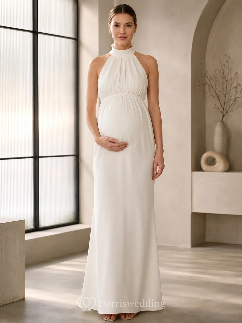 Maternity Civil-Ceremony Satin Halter-Neck Sleeveless Empire A-Line Floor-length Wedding-Gown