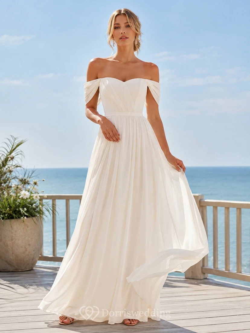 Off-the-shoulder Flutter Sleeve Chiffon A-Line Bridal Gown