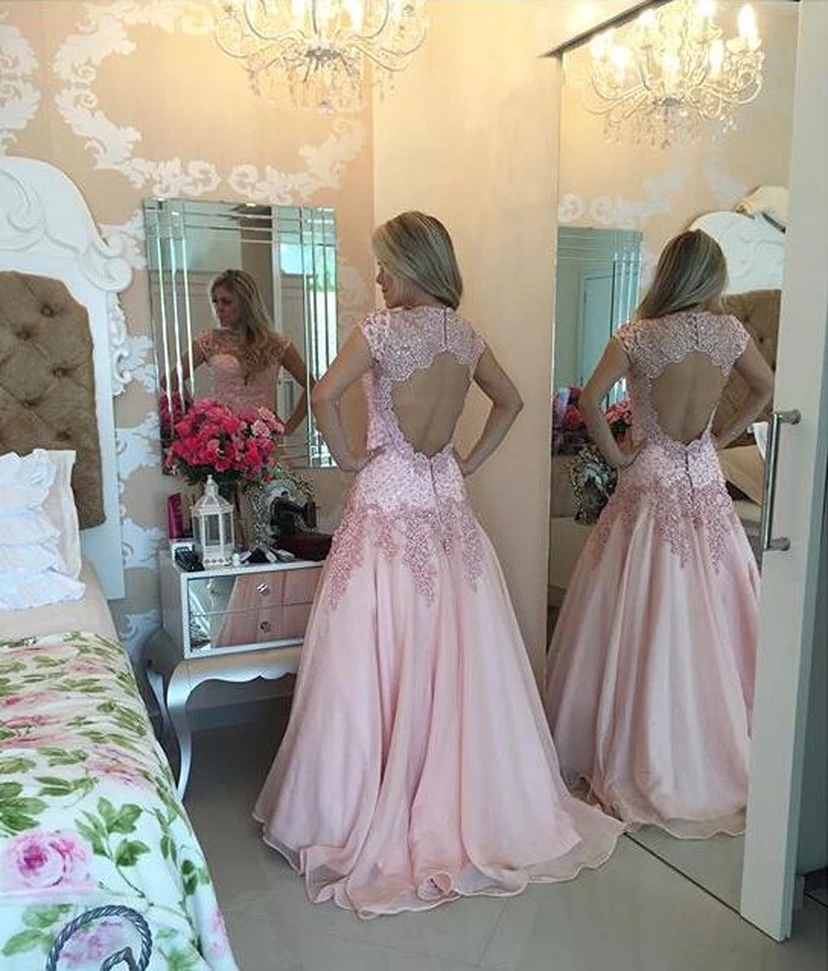 Delicate Pink Lace Appliques Prom Dress Sweep Train view 2