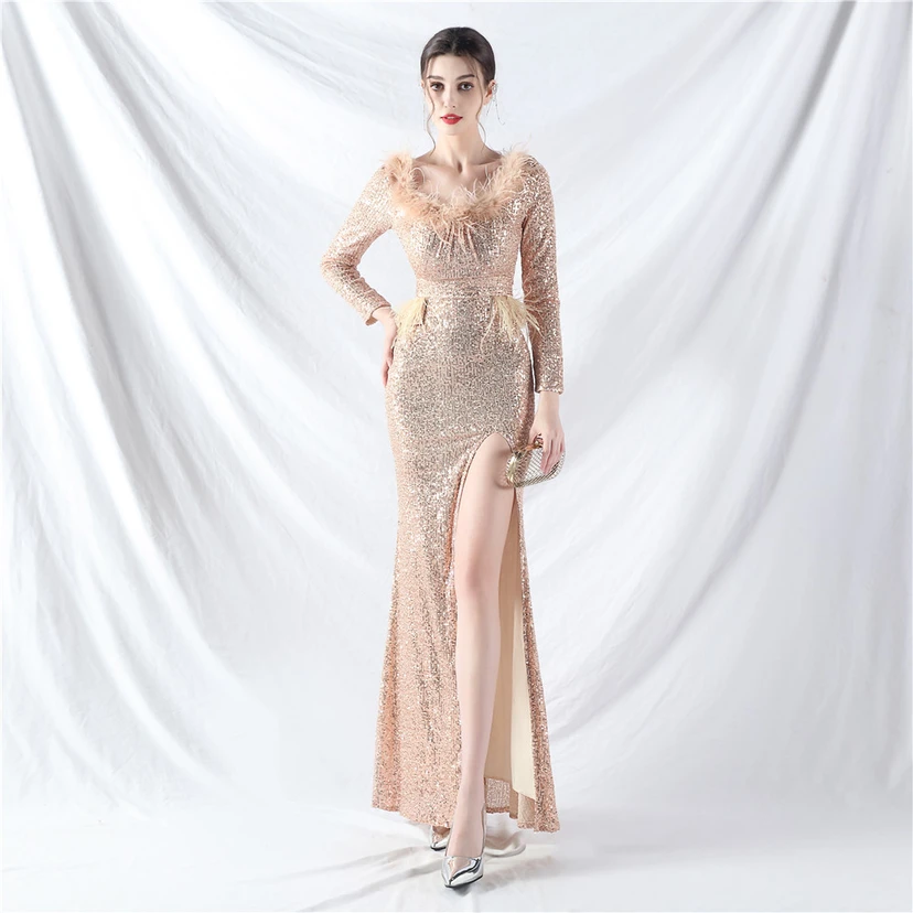 Craft-Made Ostrich Feather Long-Sleeved Beads Evening Dress view 60