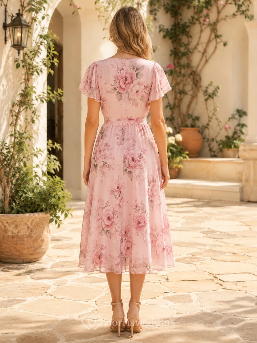 Pink Floral V Neck Flutter Sleeve Rehearsal Brunch Midi Dress view 2