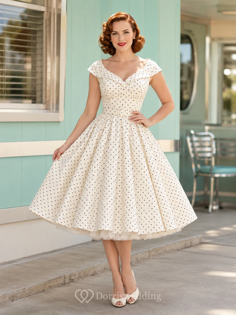 Vintage Ivory Polka-Dot Cap-Sleeve Sweetheart Satin A-Line Tea-Length Cocktail Dress
