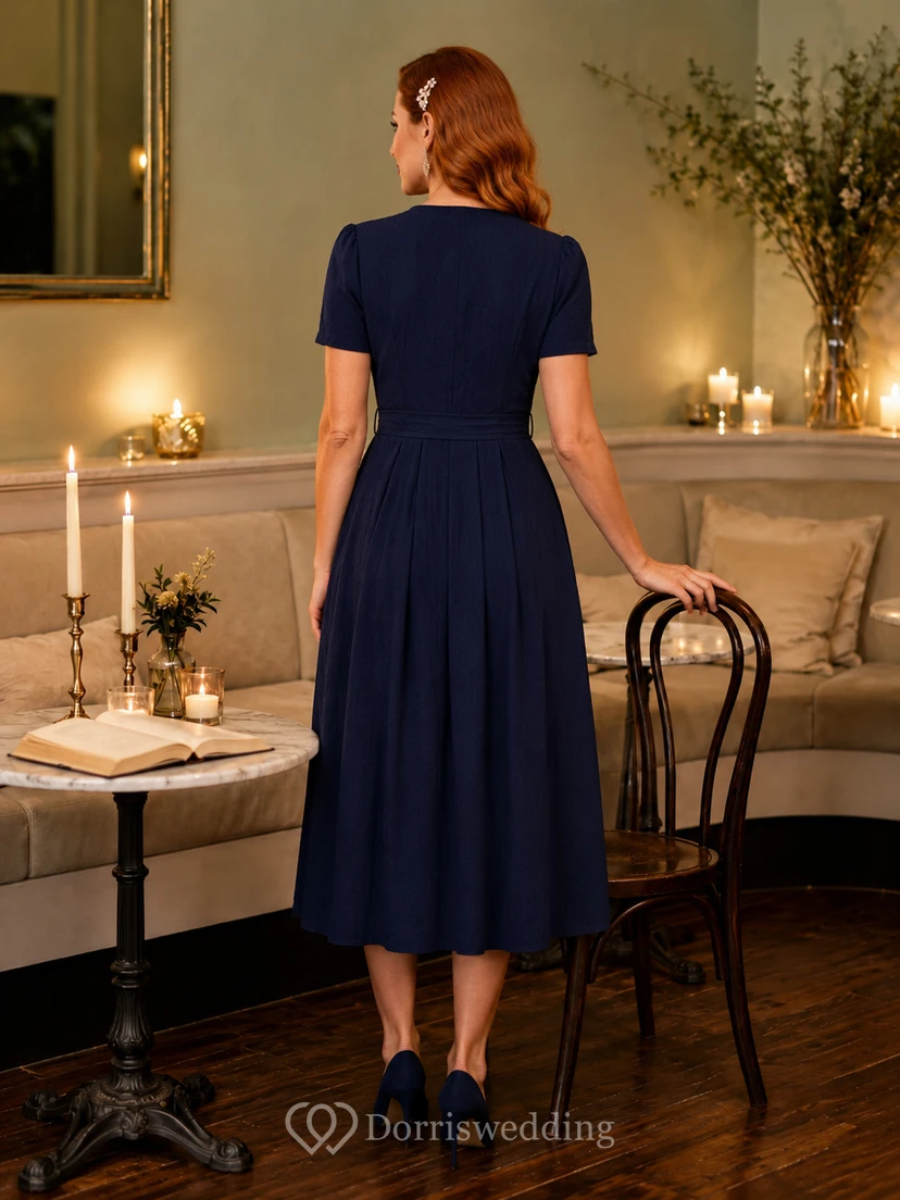 Navy short sleeve wrap candlelit cafe guest midi dress view 2
