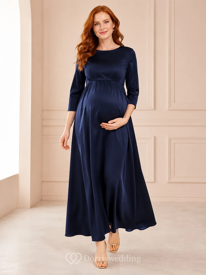 Dark Navy Jersey Jewel Neck Three-quarter Sleeve Empire Floor-length Maternity Dress
