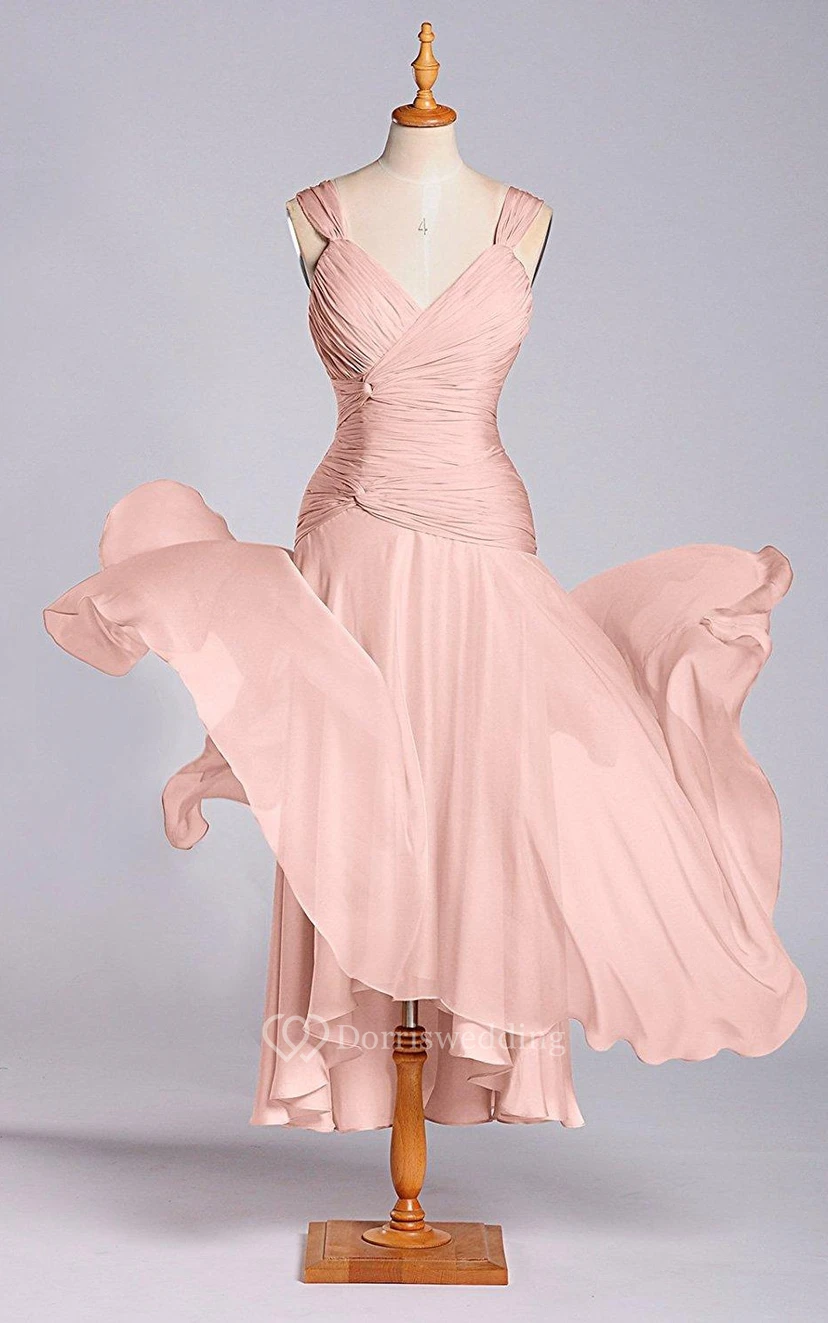 A-line Tea-length Zipper Chiffon Dress with Ruched Bodice