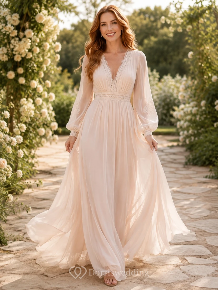 Bohemian V-Neck Long Poet Sleeve Chiffon A-Line Floor-Length Vow Renewal Wedding Dress