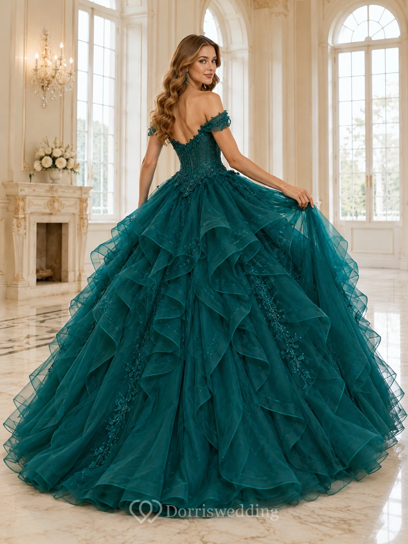 Peacock Luxury Off Shoulder Cascading Ruffle Organza Quinceanera Princess Formal Ball Gown view 2