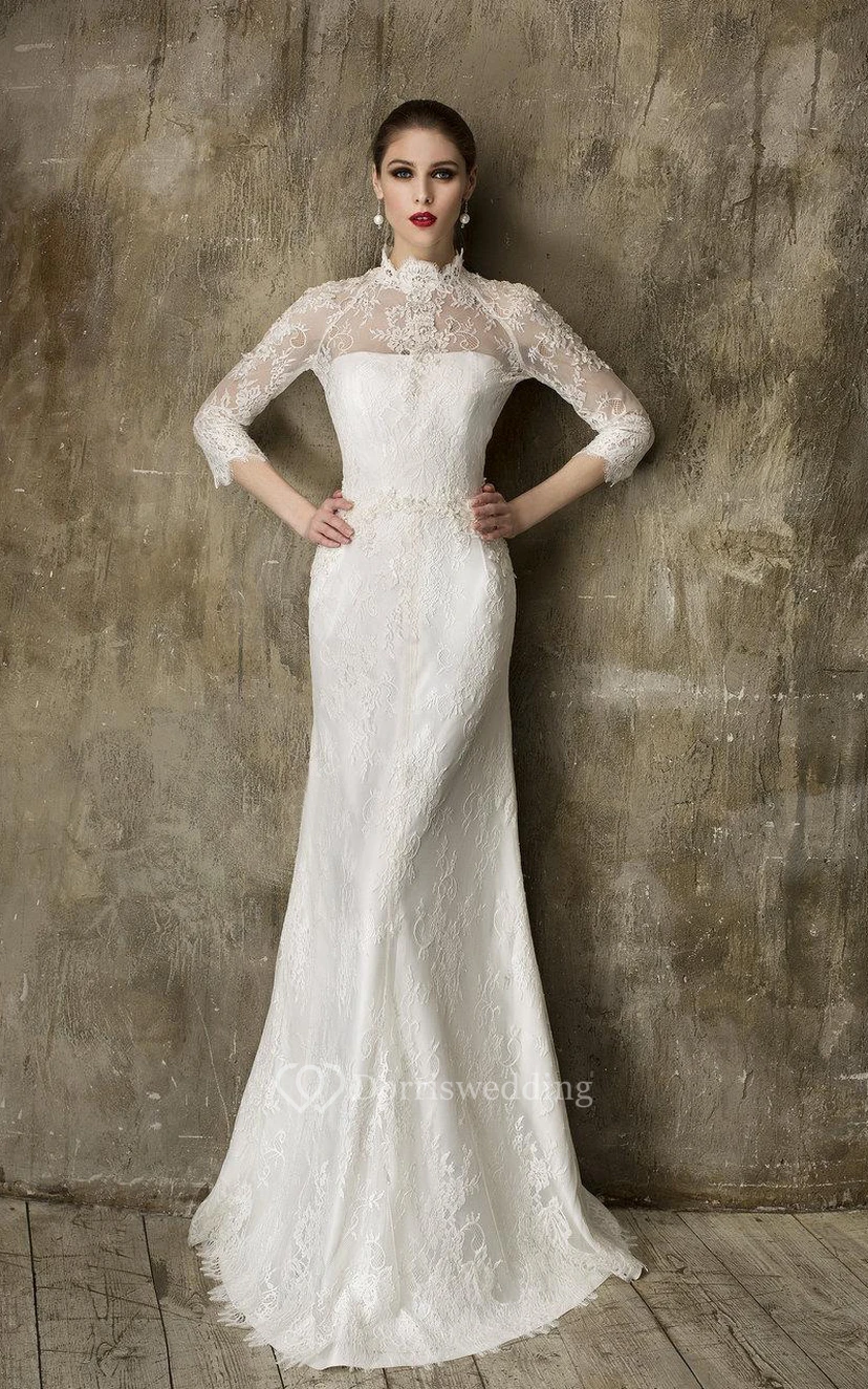 Kleid mit hohem Kragen, 3-4 Ärmeln, Tüllrock und Perlenstickerei, Oberteil aus Spitze, 3-4 Ärmel view 3