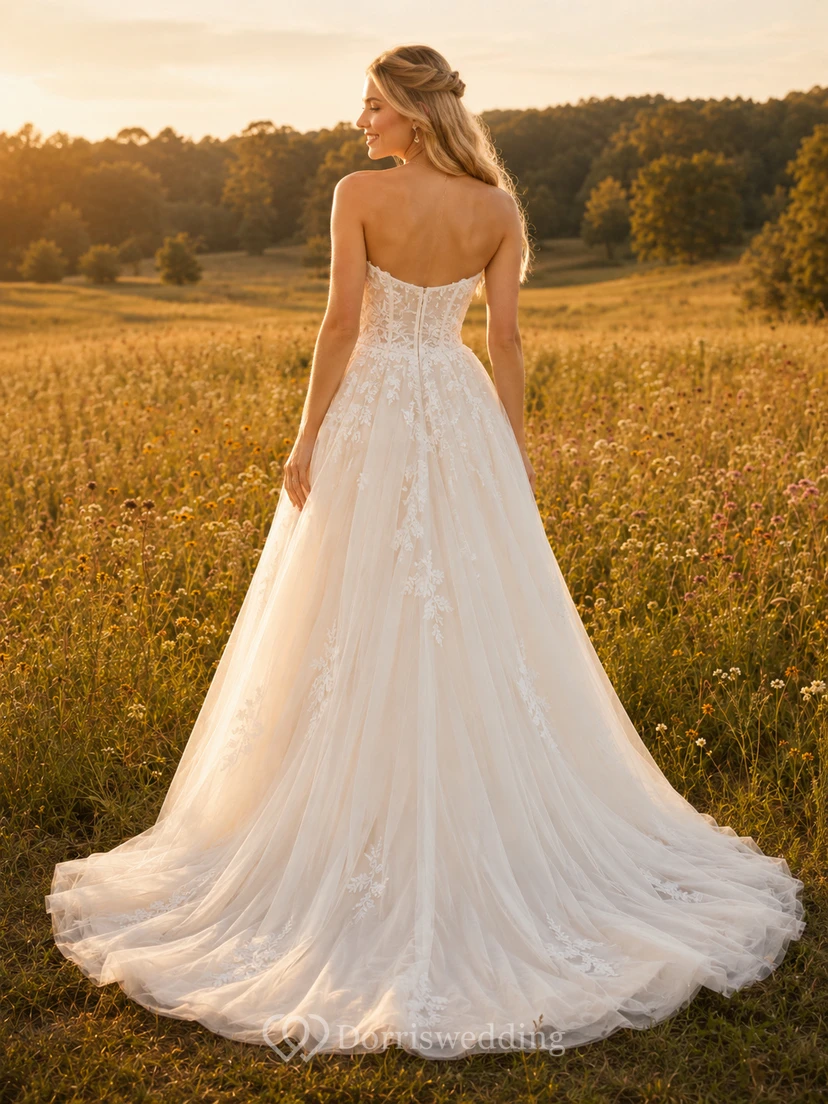 Rustic Country Boho Romantic A-Line Lace Tulle Wedding Dress with Sweetheart Strapless Sleeveless Floor-Length Train Split Skirt Appliques Lace-Up Corset Back Open Back view 2