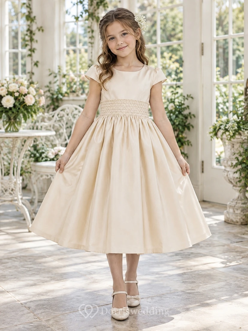 Champagne Tea-length Scoop-Neck Flat-Cap-Sleeve Fine-Grid Smocked-Waist Ample Gathered Satin Calf-Skirt Small-Button-Back Flowergirl Dress