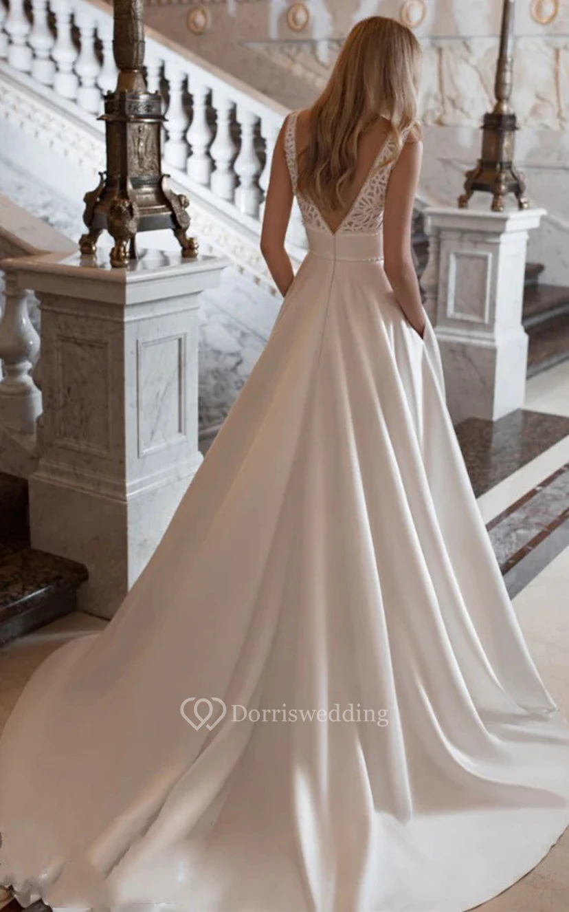 Elegantes, ärmelloses A-Linien-Brautkleid aus Satin mit V-Ausschnitt und tiefem V-Ausschnitt am Rücken view 2