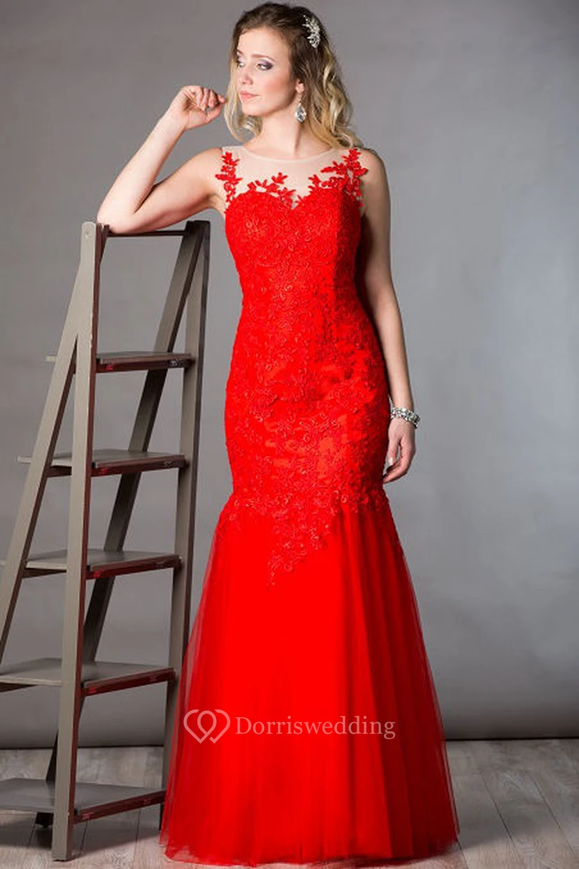 Illusion Neckline Sleeveless Mermaid Tulle Long Mother Of The Bride Dress With Appliqued Top