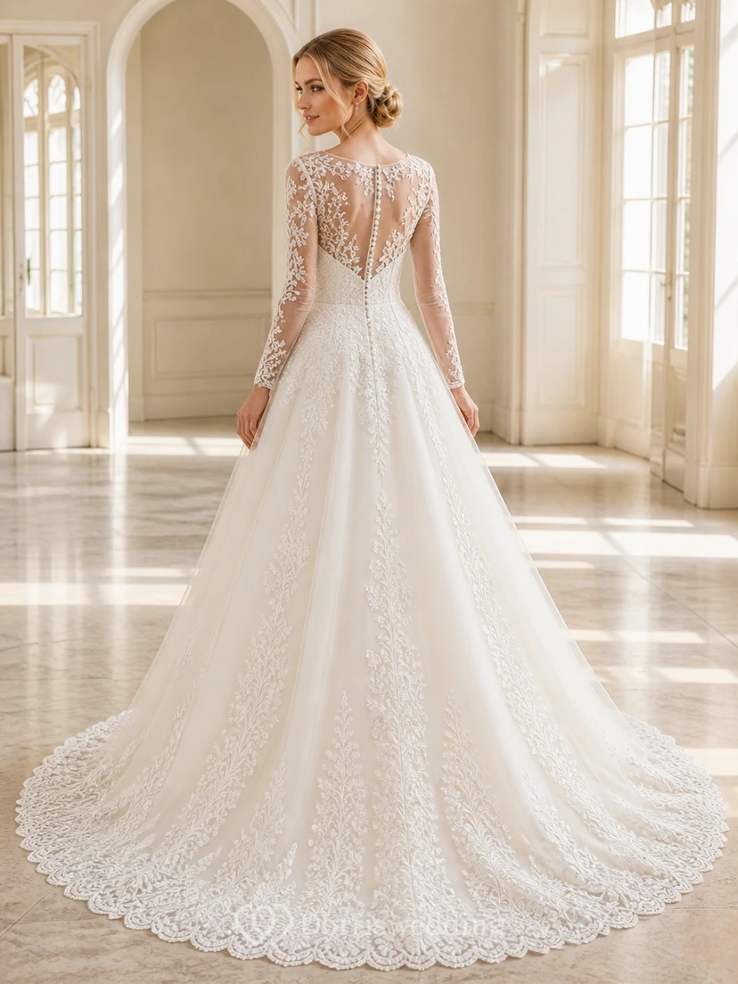 Vestido de novia modesto de manga larga, corte A, estilo barco, con encaje y estampado de vides, ideal para capilla. view 2