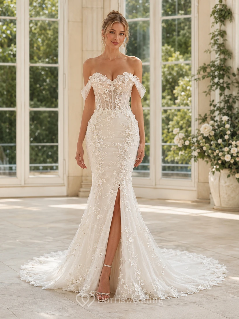 Robe de mariée sirène en dentelle transparente, décolleté cœur, manches courtes, traîne chapelle, fente sur le devant