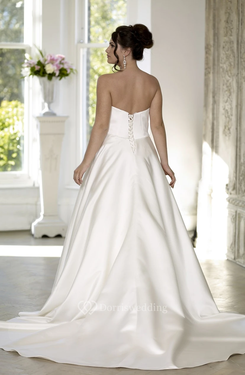 A-Line Floor-Length Sweetheart Satin Court Train Lace-Up Back Cape Dress view 2