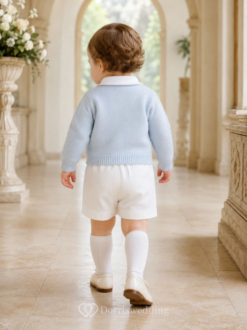 Hellblaues Langarm-Strickjacken-Set für Babys, bestehend aus passender Taufhose und Shorts view 2