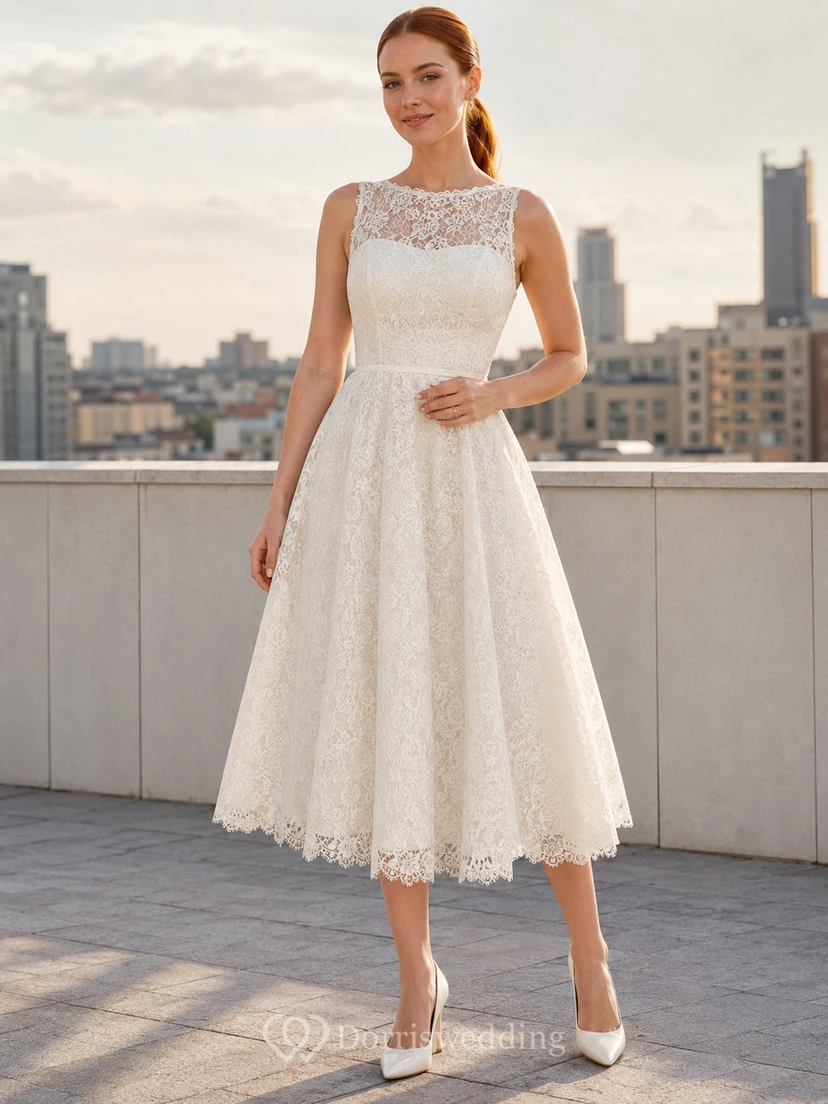 Vestido de novia civil a media pierna con corte en A y encaje Illusion Bateau