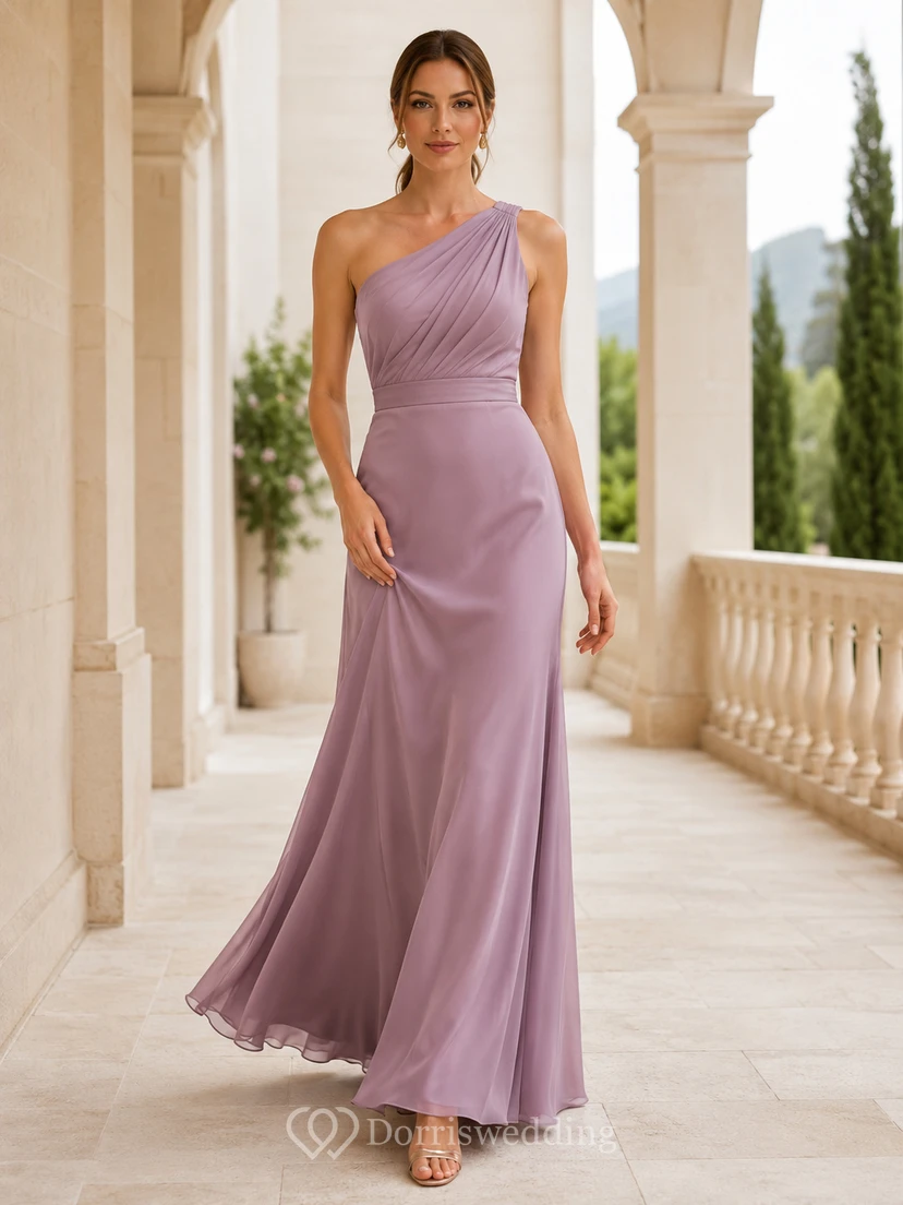 Mauve one shoulder ruched sheath floor length dress