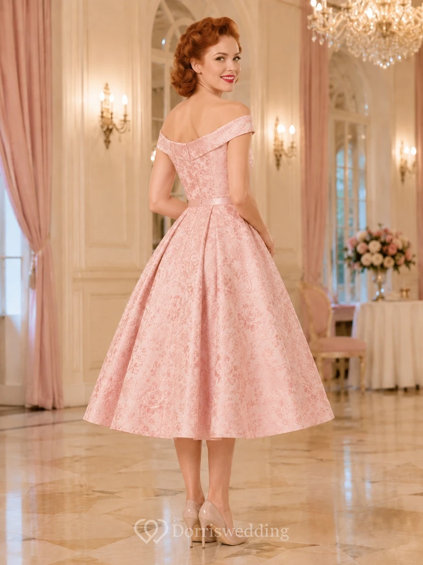 Zartrosa Taft-Kleid, schulterfrei, ärmellos, A-Linie, Teelänge, Vintage-Partykleid view 2