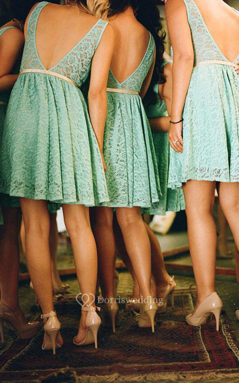 A-line Mini Sleeveless Lace Dress with Deep V-back view 2