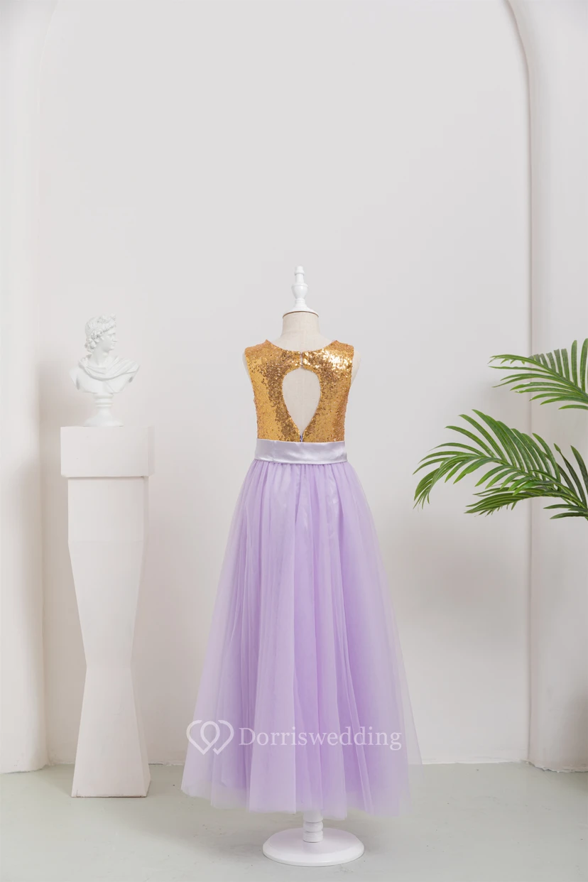 Two-Tone Scoop-neck Empire Tulle A-line Flowergirl Dress with Bow view 2