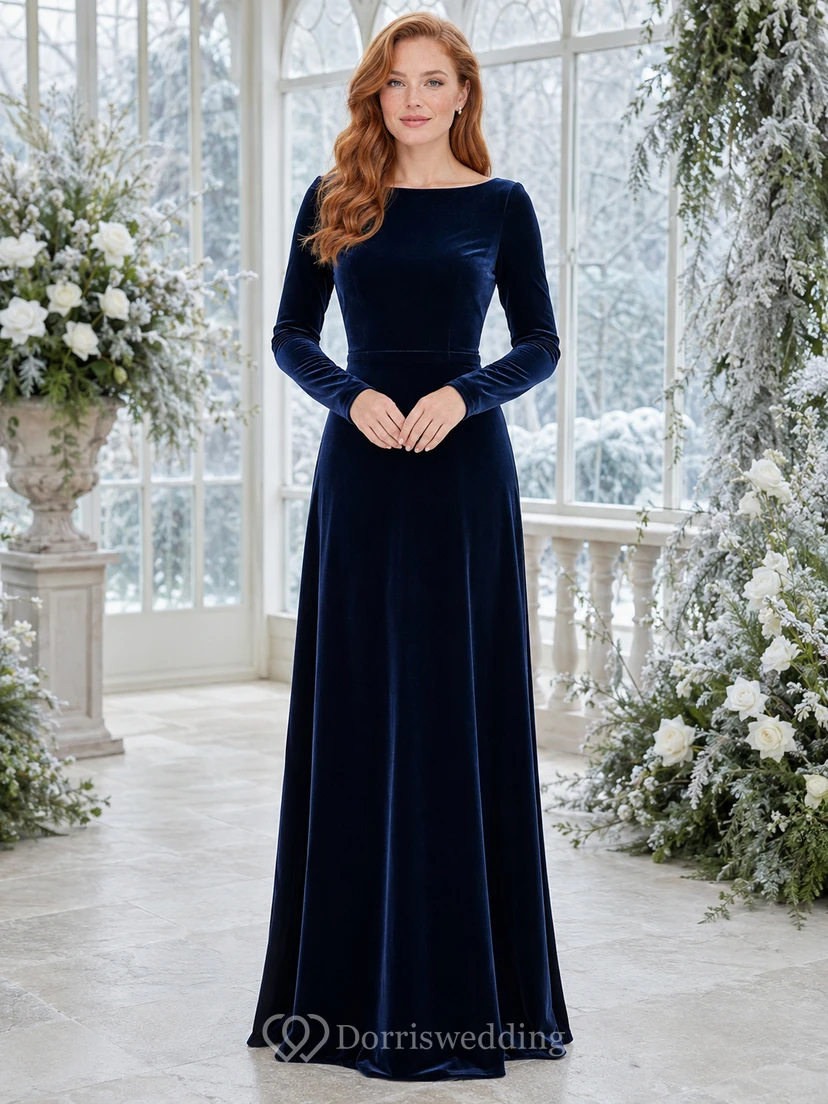Dark navy velvet jewel neck long sleeve bridesmaid A-line gown