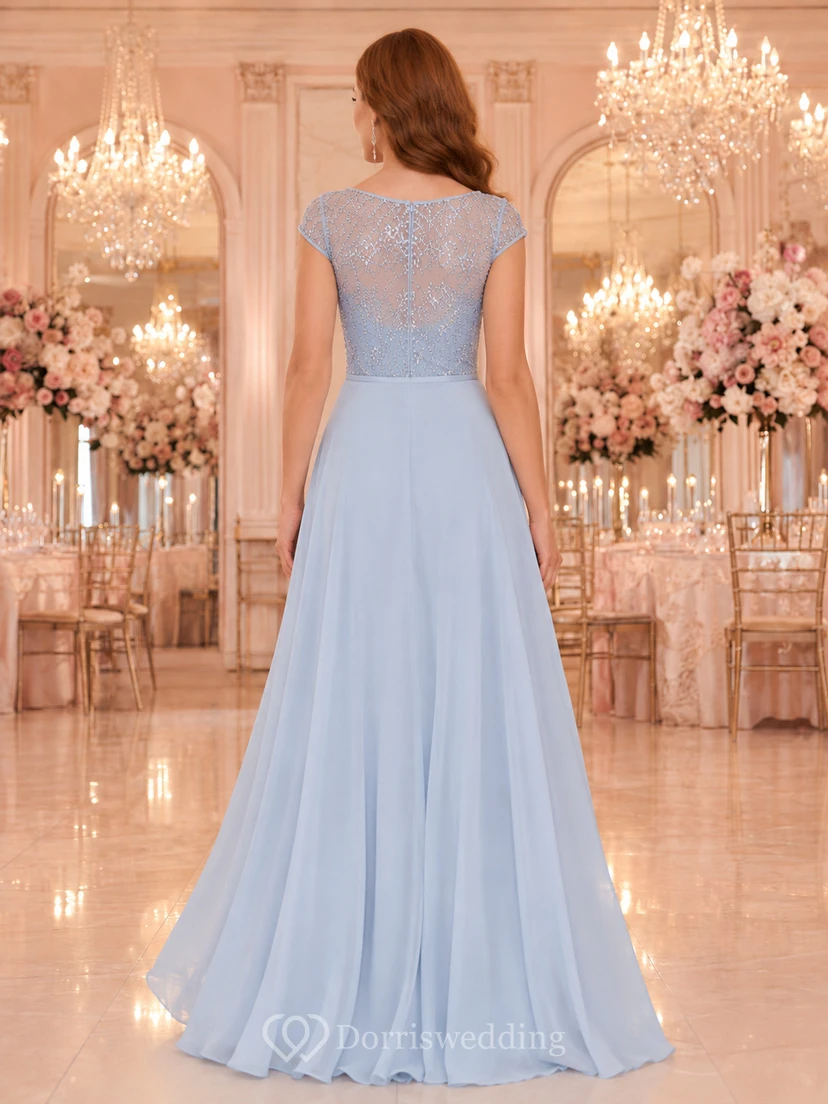 Mist Blue Grand Ballroom Wedding Guest Bridesmaid Evening Formal Dress A-Line Floor-Length Jewel Neck Short Sleeve Chiffon Lace Lace Detail Zipper Back view 2