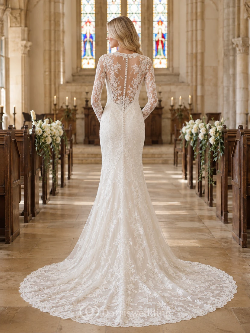 Romantisches Meerjungfrauen-Brautkleid mit langen Ärmeln aus Spitze view 2