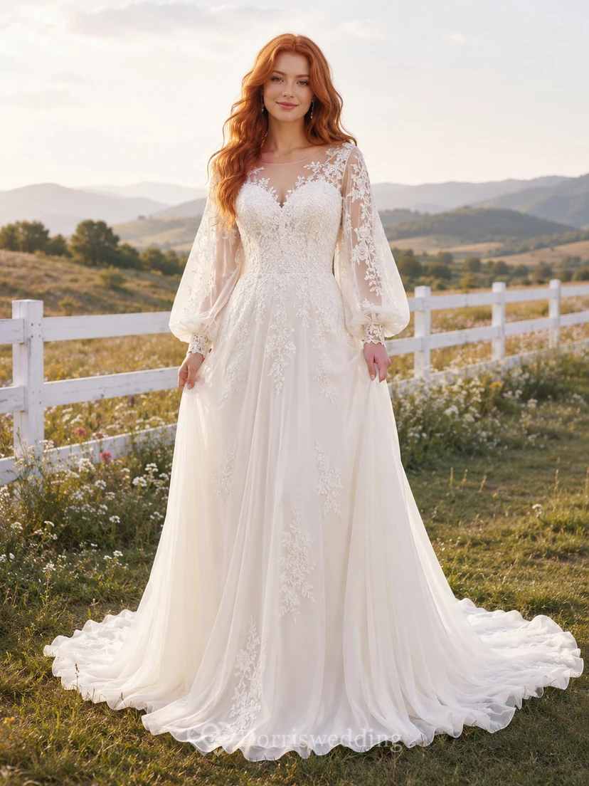Vestido de novia campestre de gasa y encaje, corte A, escote en V, manga larga, cola capilla, espalda baja en V.