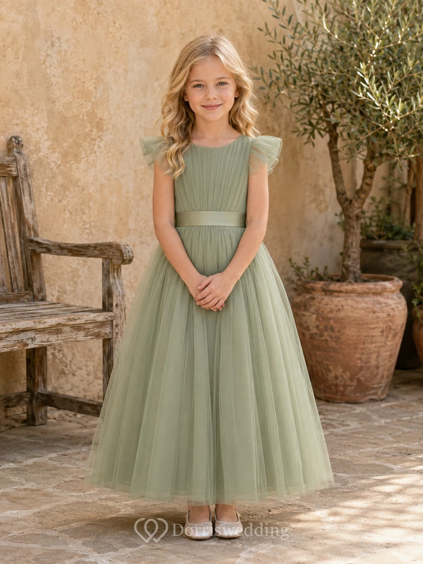 Vestido de niña de las flores, color salvia, tul, corte en A, mangas con volantes, cuello joya, largo hasta la rodilla, plisado.