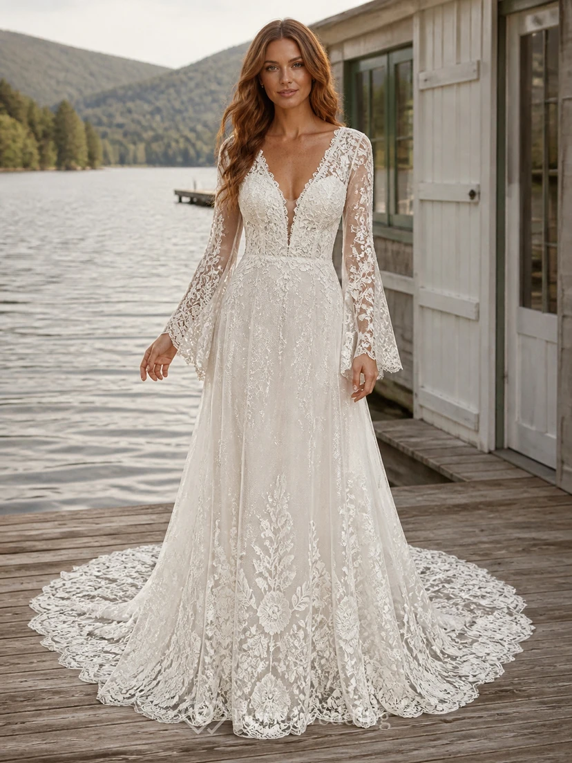 Vestido de novia modesto de manga larga, corte A, escote en V, encaje Lakeshore Vine y cola catedral.