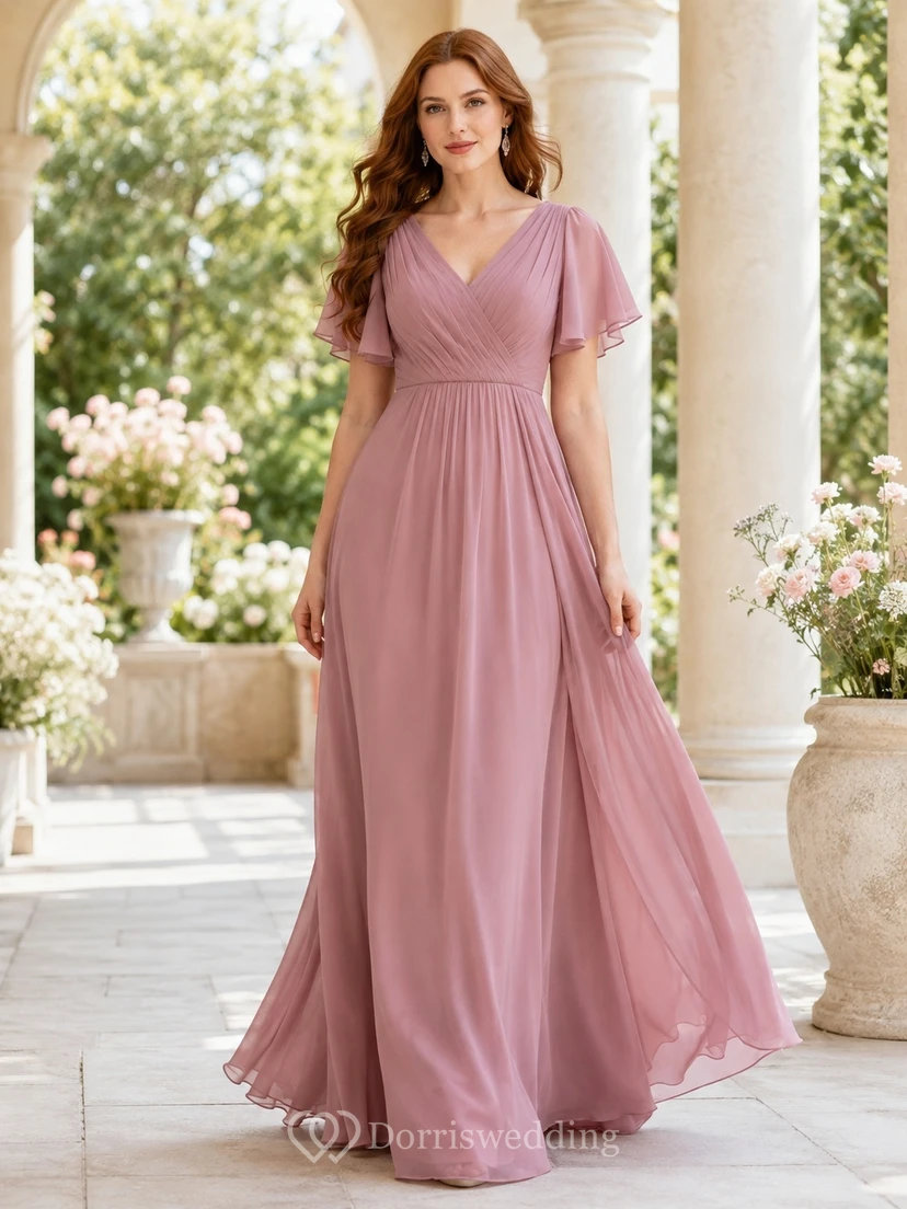 Mauve V-Neck Petal Sleeve Chiffon A-Line Floor-Length Garden Formal Dress