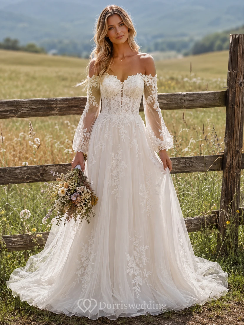 Country Boho Wedding Dress with Off-Shoulder Lace Sleeves, A-Line Tulle Skirt & Chapel Train