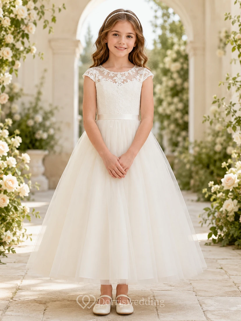 Elegant Cap Sleeve Lace A-Line Tea-Length Flower Girl Garden Wedding Tulle Dress