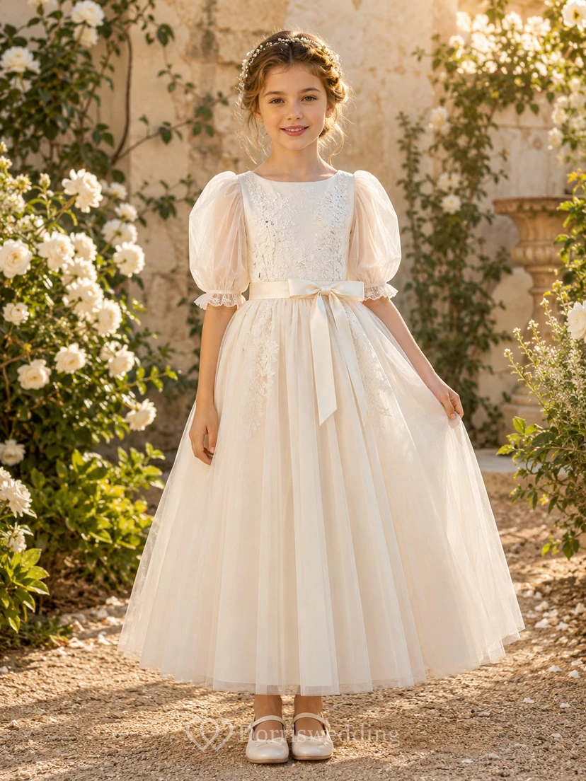 Flower Girl Dress Ivory Lace Tulle A-Line Short Sleeve Jewel Neck Tea Length