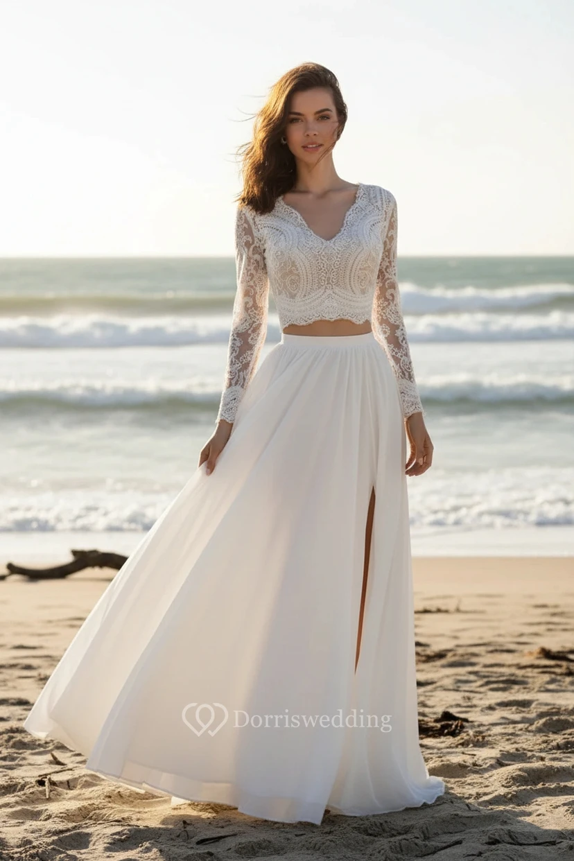 Robe de mariée bohème deux pièces à manches longues