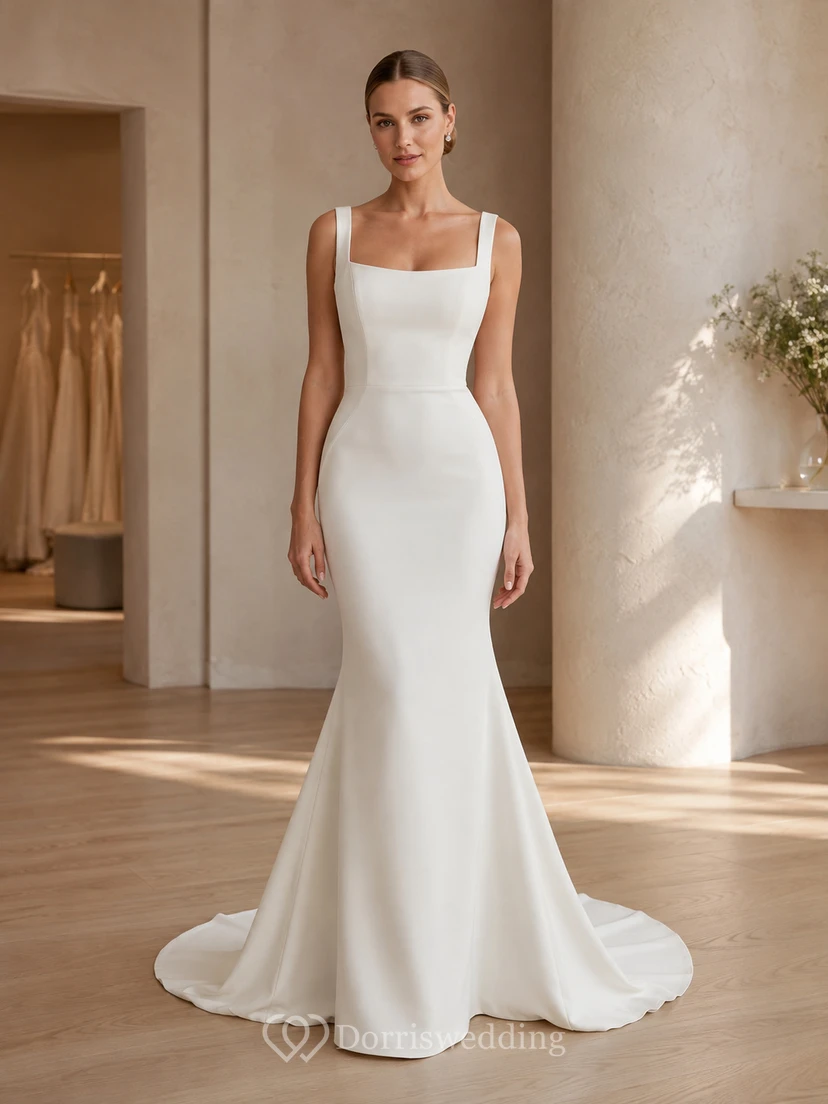 Robe de mariée moderne et minimaliste en crêpe, coupe sirène, encolure carrée simple, bretelles larges et traîne.