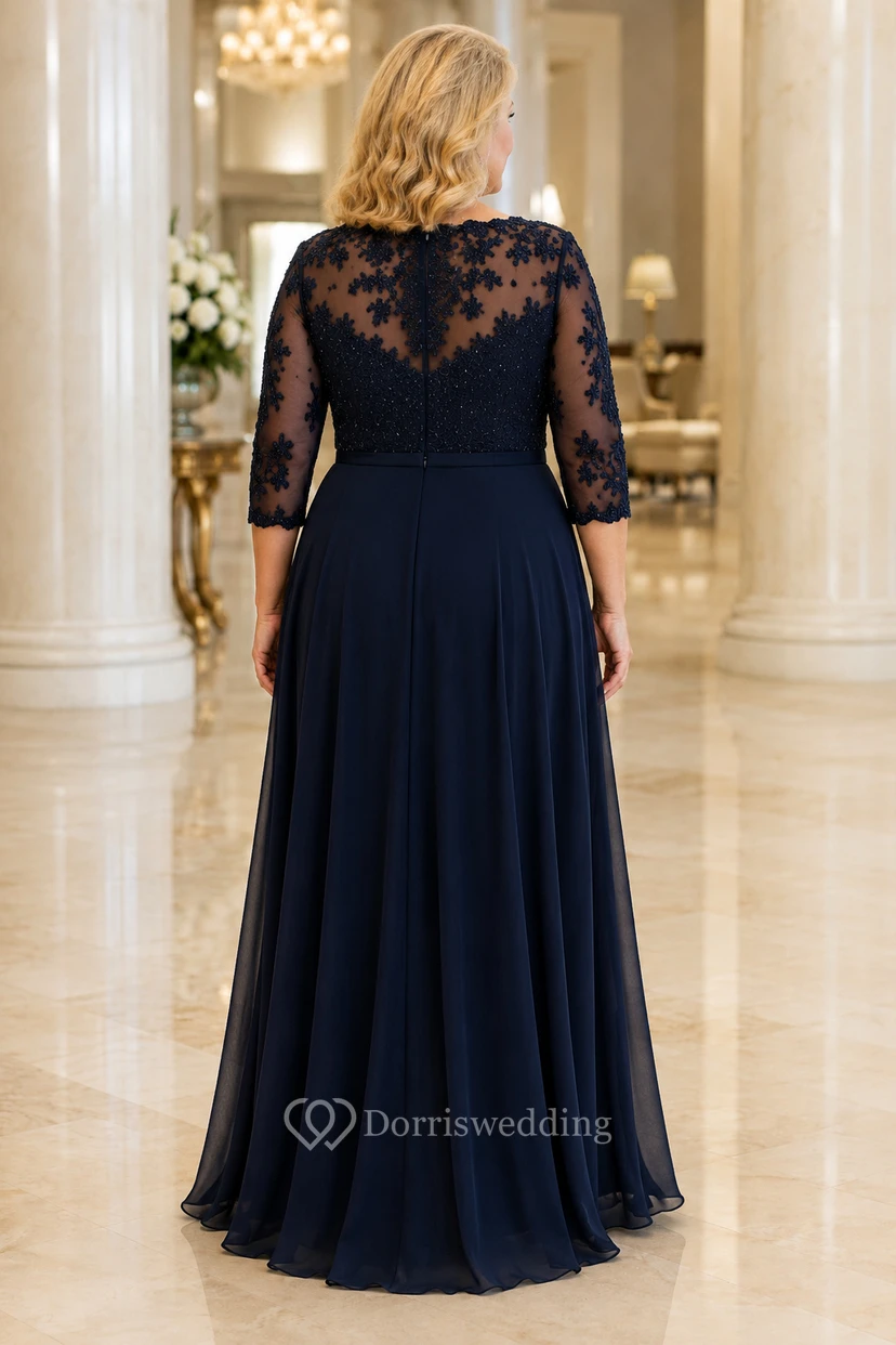 MOB Dress Dark Navy Chiffon Lace A-Line 3/4 Sleeve Bateau Neck Floor Length view 2
