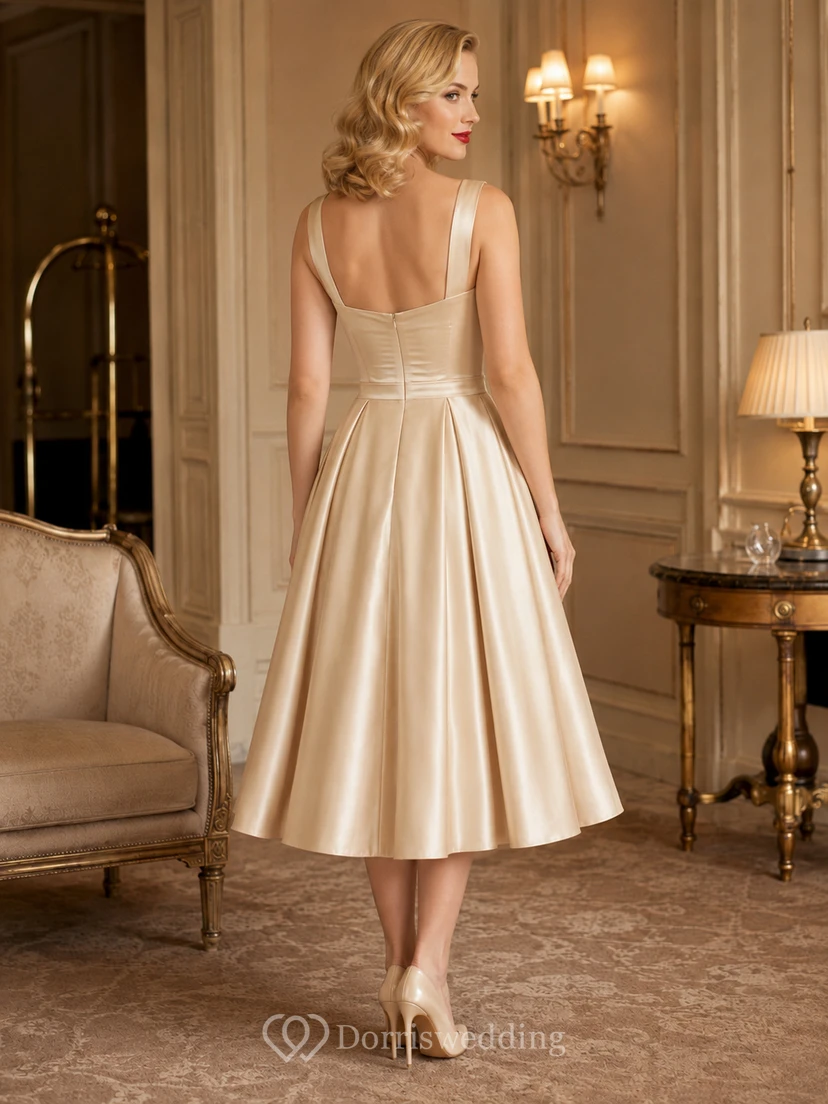 Champagne Spaghetti Satin Tea Length A Line Cocktail Dress view 2