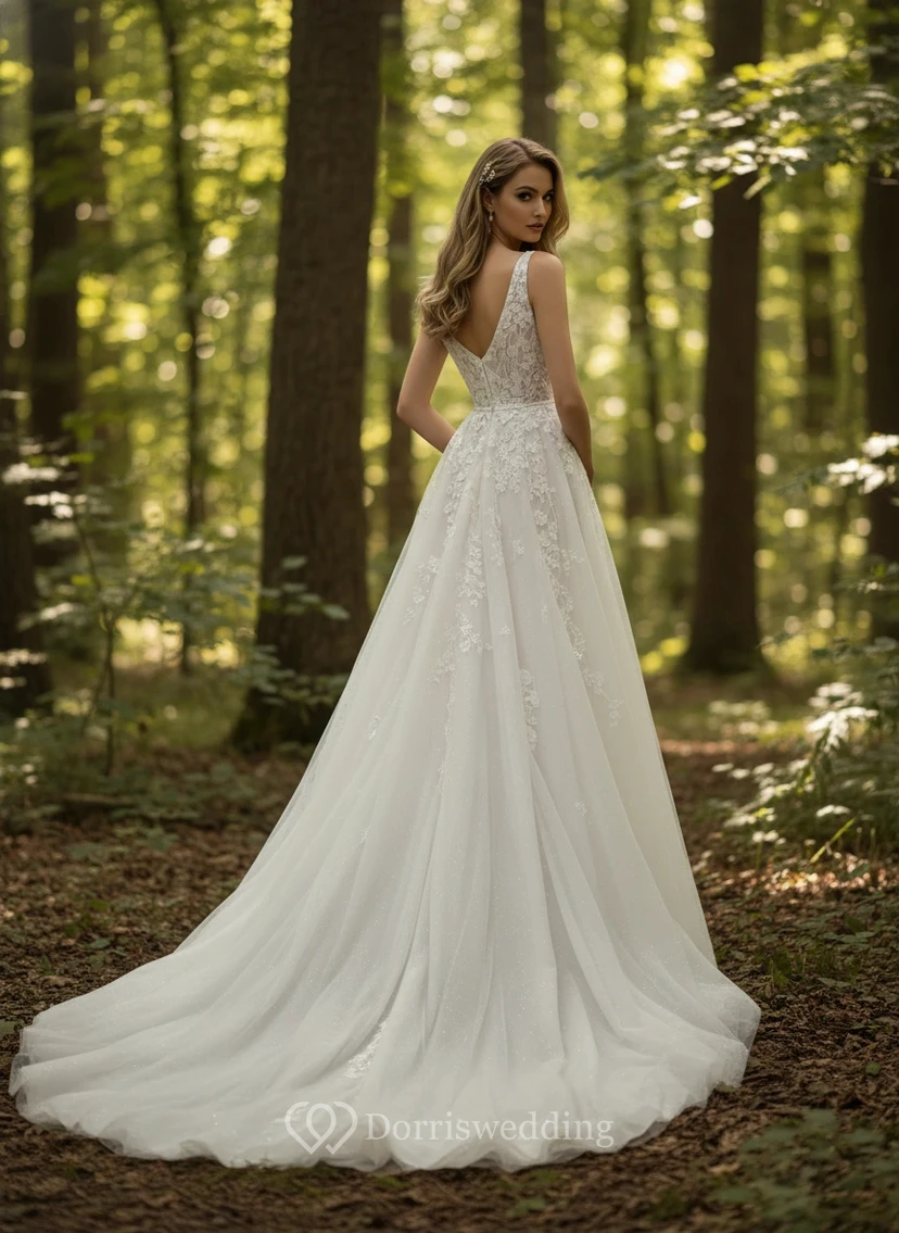 V-Neck Lace Tulle Wedding Dress view 2