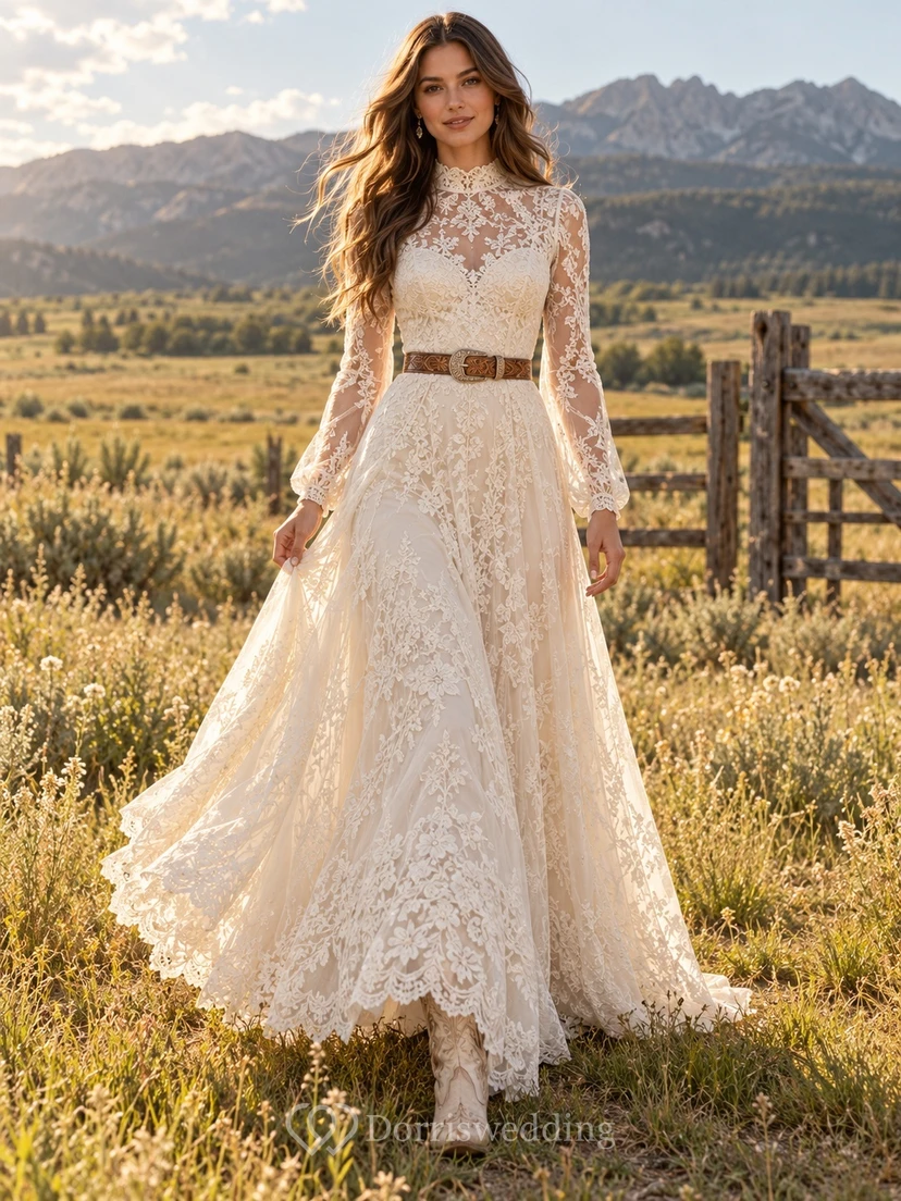 Country Western High-low High Neck Bell Sleeve Lace Wedding Dress
