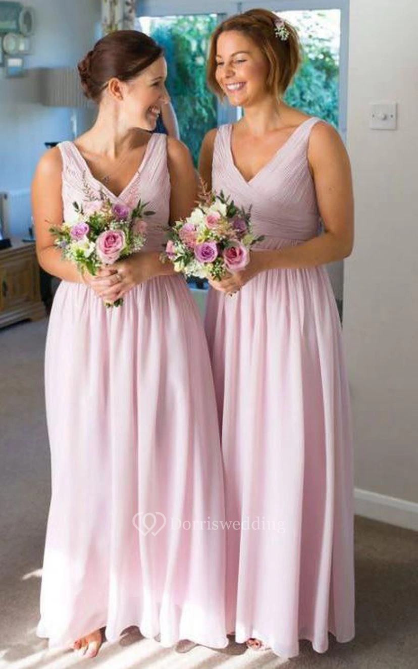 A-line Floor-length V-neck Sleeveless Zipper Chiffon Dress view 3