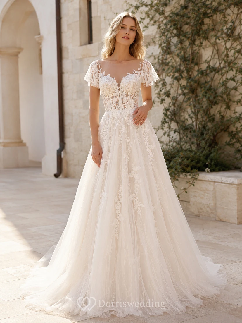 Robe de mariée romantique en dentelle florale, épaules dénudées, manches courtes, coupe trapèze, traîne, style A, en dentelle florale, style A.