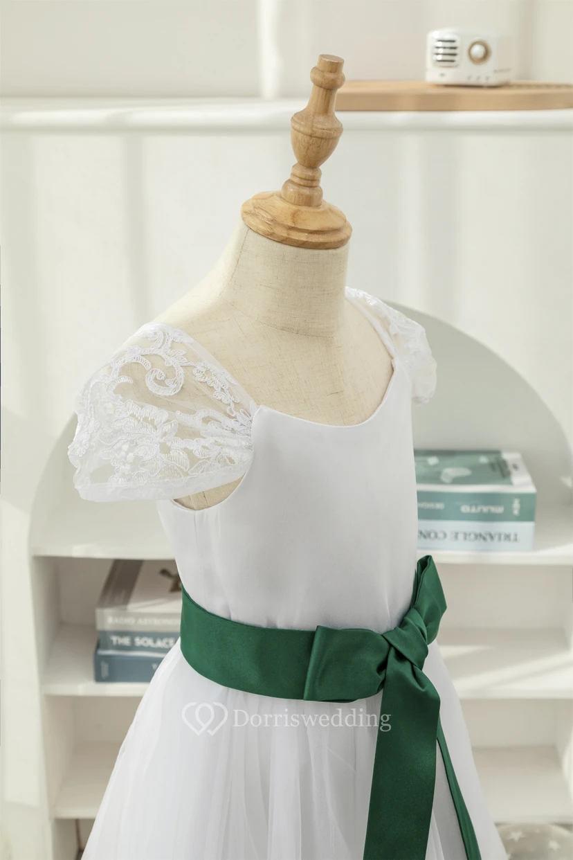 White Short-sleeve A-line Tulle First Communion Flowergirl Dress view 6