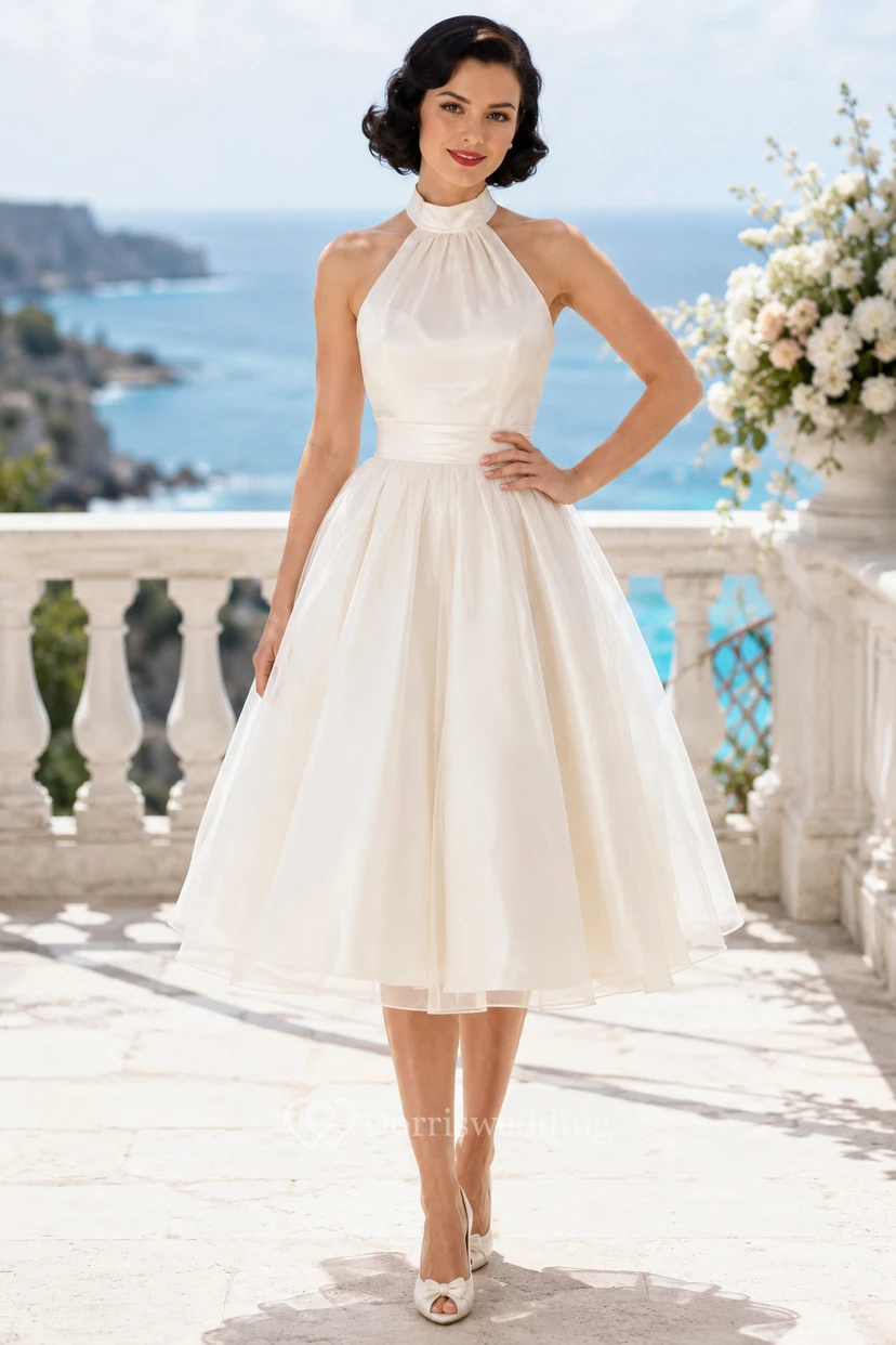 Robe de mariée dos nu en satin, longueur thé, jupe ample en forme de A