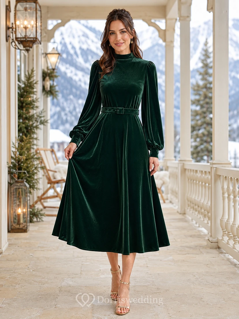 Dark Green High Neck Long Puff Sleeve Belted Velvet A Line Tea Guest Dress
