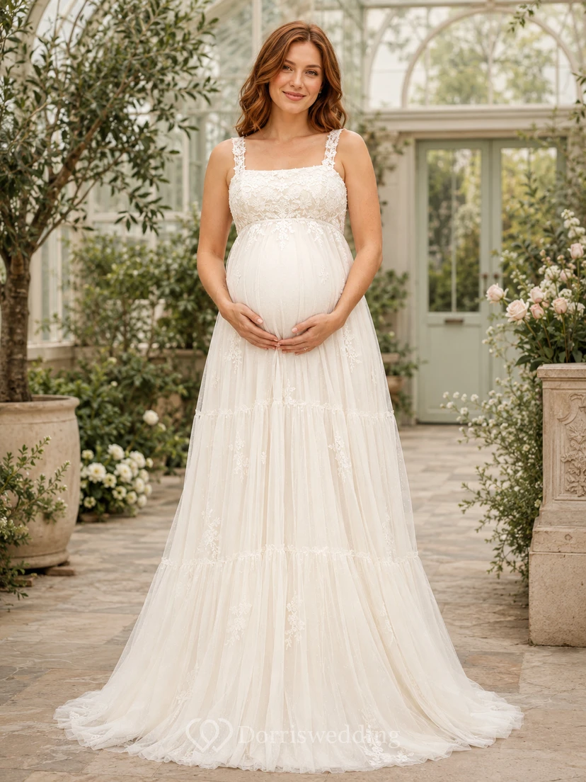 Robe de mariée longue sans manches en mousseline et dentelle, coupe empire, col en V, idéale pour la plage.
