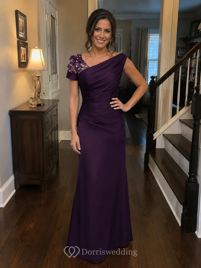 Asymmetrisches Meerjungfrauen-Kleid aus Satin mit Strasssteinen und Raffungen view 10